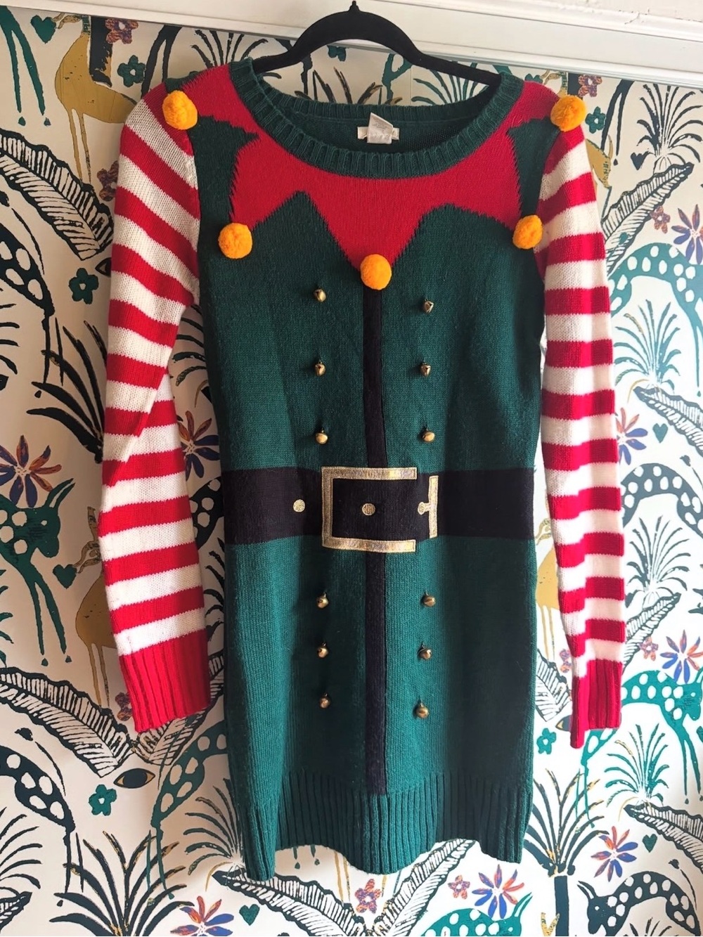Wet Seal Green & Red Elf-Inspired Knit Sweater Dress with Gold Pom-Poms